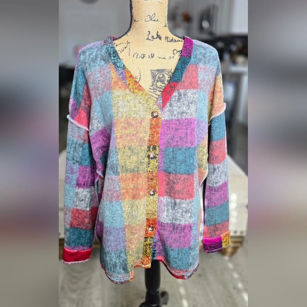 Colorful Plaid Inside Out Button-Up Cardigan